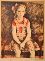 Imre István (1918-1983): Ülő lány. Színes rézkarc, papír, jelzett, 39×29 cm