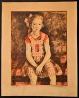 Imre István (1918-1983): Ülő lány. Színes rézkarc, papír, jelzett, 39×29 cm