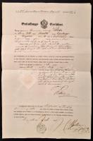 1860 Entlassungs-Certifiat. Elbocsátó bizonylat osztrák huszárezredben szolgált magyar katona részére, német nyelven, pecséttel, aláírásokkal, 44x28,5 cm
