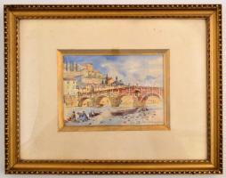 Olvashatatlan jelzéssel: Olaszországi kisváros. Akvarell, papír, jelzett, üvegezett keretben, 13x18 ...