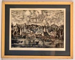 Szabó Vladimír (1905-1991): Budai part. Rézkarc, papír, jelzett, üvegezett keretben, 30x39 cm