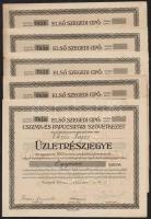 Szeged 1921. Első Szegedi Cipő-, Csizma- és Papucsipari Szövetkezet névre szóló tíz darab üzletrészjegye összesen 1000K értékben, felülbélyegzéssel és szelvényekkel (9x) sorszámkövetők T:I- fo.