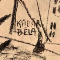 Kádár jelzéssel: Lovas a házak között. Szén, papír, üvegezett keretben, 42×50 cm