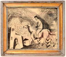 Kádár jelzéssel: Lovas a házak között. Szén, papír, üvegezett keretben, 42×50 cm