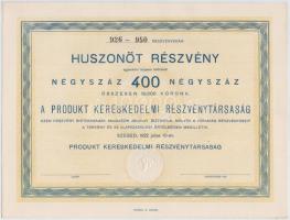 Szeged 1922. "Produkt Kereskedelmi Részvénytársaság" huszonöt részvénye összesen 10.000K-ról, kitöltetlen, szárazpecséttel és szelvényekkel (4x) sorszámkövetők T:I,I-
