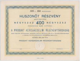 Szeged 1922. Produkt Kereskedelmi Részvénytársaság huszonöt részvénye összesen 10.000K-ról, kitöltetlen, szárazpecséttel és szelvényekkel (4x) sorszámkövetők T:I,I-