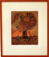 Reich Gábor (1951- ): Bölcs bagoly szignált, számozott linómetszet keretben 35x30cm
