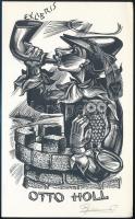 Gerhard Gaudean (1927-2003): Ex libris Otto Holl. Kürt, bagoly fametszet, jelzett 170x105 mm / Horn, owl. Wood engraving