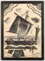 Scheiber jelzéssel: Vitorlások. Szén, papír, sérült üvegezett keretben, 54×38 cm