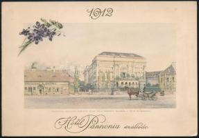 1912 Budapest, Hotel Pannónia szálloda újévi köszöntő kártyája a hotel rajzával, 11,5x16,5 cm
