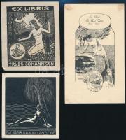 3 különféle erotkus ex libris 1945 előttiek, Fametszet, linó, klisé. Jelzett a dúcon. / 3 vintage, pre-war bookplates.