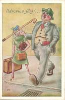 11 db RÉGI humoros grafikai motívumlap, vegyes minőség / 11 pre-1945 humorous graphic motive postcards, mixed quality