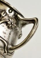 Ezüst (Ag.) szecessziós mokkás csésze pár és cukortartó (apró horpadásokkal), jelzett, gazdagon dísz...