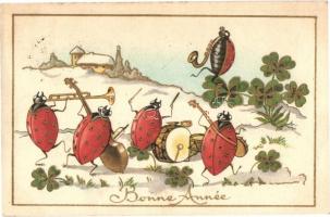 Bonne Année / Ladybird bug music band, New Year greeting art postcard