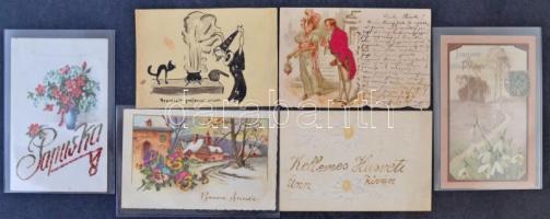 86 db RÉGI dombornyomott, litho és textil üdvözlő művészlapok, vegyes minőség / 86 pre-1945 embossed, litho and textile greeting art postcards, mixed quality