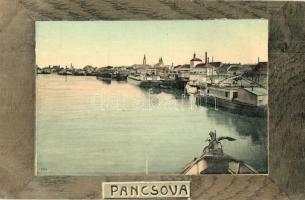 Pancsova, Pancevo; kikötő uszályokkal / port with barges