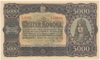 1923. 5000K nyomdahely nélkül, T.W. jelöléssel, hajtatlan, egy nagyobb szamárfül a jobb felső sarokban T:II kis szakadás, szép papír