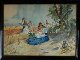 Abonyi Ernő (1884-1941) Ebédidőben(akvarell) 76x56cm keretben szignált