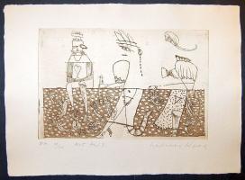 Szabados Árpád (1944- ) Ani néni történetei, számozott, szignált   rézkarc merített papíron (EA IV/XV. jelzéssel) 42x30cm + rövid ismertető a művészről