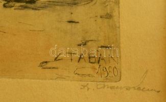 Olvashatatlan jelzéssel: Tabán 1930. Színezett rézkarc, papír, üvegezett keretben, 19×14,5 cm