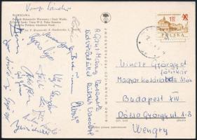 A Ganz-Mávag kosaras csapat tagjainak (Répás, Vigh, stb.) aláírásai Varsóból küldött levelezőlapon