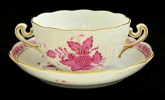 Herendi Apponyi mintás leveses csésze + alj (4 db), kézzel festett, jelzett, hibátlan