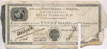 Franciaország / Rouen 1797-1803. 20Fr annulé (érvénytelen) felülbélyegzéssel T:IV  France / Rouen 1797-1803. 20 Francs annulé (cancelled) C:G Krause S245a