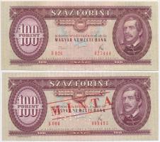 1975. 100Ft "B000-000493" sorozat- és sorszámmal, illetve "MINTA" felülnyomással és perforációval, nyomdai festékfolttal és papírránccal + 1975. 100Ft nyomdai papírránccal T:I Adamo F33, F33Ma