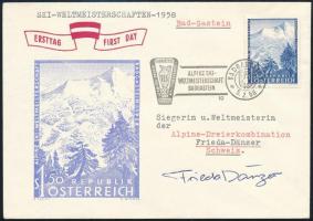 1958 Frieda Dänzer (1930-2015) svájci alpesi síző aláírása sí FDC-n / Autograph signature of alpine skier on ski FDC