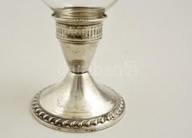 Ezüst (Ag.)  kerti gyertyatartó, szélfogó üveg burával, jelzett, súlyozott, m:24 cm, bruttó:154 g