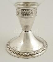 Ezüst (Ag.) kerti gyertyatartó, szélfogó üveg burával, jelzett, súlyozott, m:24 cm, bruttó:157 g