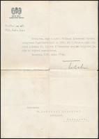 1939 Gróf Teleki Mihály, a Teleki-kormány földművelésügyi miniszterének aláírása hivatalos levélen