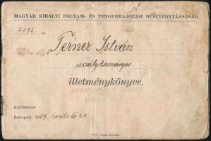 1939 Magyar Királyi Folyam- és Tengerhajózási Rt. uszálykormányos illetménykönyve, pecsétekkel, 13,5x20 cm