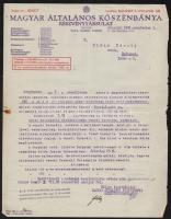 1941 Magyar Általános Kőszénbánya Rt. Hidas Károly mérnök, építési vállalkozó cégének szóló, levelei és számlái, 3 db, fejléces papírokon, aláírásokkal, pecsétekkel.