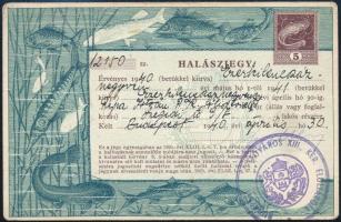 1940 Bp., Budapesti lakos számára kiállított halászjegy 5 pengős okmánybélyeggel / fishing ticket