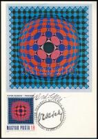 1982 Victor Vasarely Vega sakk c. képét ábrázoló CM (Carte Maximum) képeslap és bélyeg a művész saját kezű aláírásával / 1979 Vasarely postcard and stamp with autograph signature of the artist