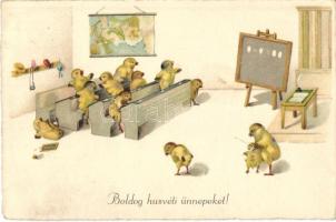 Boldog Húsvéti Ünnepeket! / Easter greeting card, chicken school, humor. litho (EK)