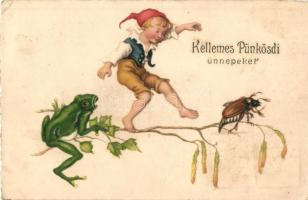 Kellemes Pünkösdi Ünnepeket! / Pentecost greeting card, with boy, frog and chafer. litho (ázott / wet damage)
