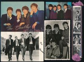 cca 1964 Vegyes Beatles fotó tétel, összesen 5 db, közte fotó könyvjelző és képeslapok, változó méretben