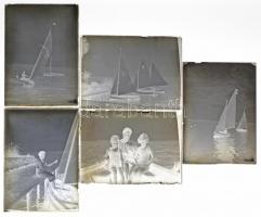 cca 1930 Balatoni vitorlások, 5 db korabeli üveglemez negatív, 9x6,5 cm
