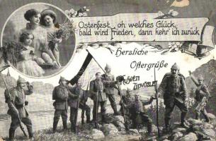 Osterfest, oh welches Glück bald wird Frieden, dann kehr ich zurück! Herzliche Ostergrüße / Húsvéti üdvözlet! / German military Easter greeting card. floral Art Nouveau (Rb)