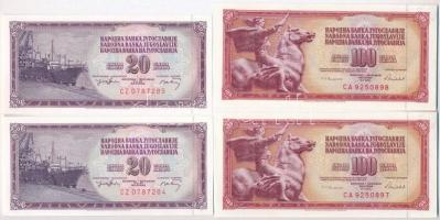 Jugoszlávia 1968. 10D (2x) sorszámkövetők + 1974. 20D (2x) sorszámkövetők + 1986. 100D (2x) sorszámk...