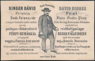 1866 Budapest V. Deák Ferenchez címzett férfi ruhabolt Singer Dávid, Deákot ábrázoló díszes reklám kártya, valamint számla 9x14 cm
