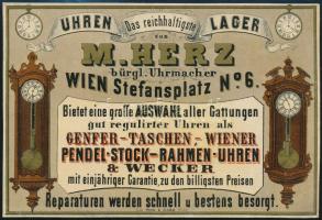 cca 1870 M. Herz bácsi órás litografált reklám címkéje / Vienna watchmaker litho advertising 17x12 cm