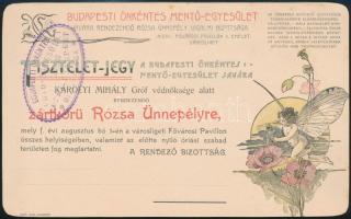cca 1900 Budapesti Önkéntes Mentő Egyesület Rózsa ünnepére szóló díszes szecessziós tiszteletjegy 17x11 cm