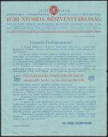 cca 1910 Egri Nyomda Rt. Jegy gyár jegyeket bemutató nyomtatvány. 4p.