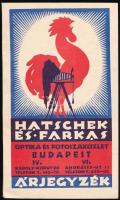 cca 1930 Hatschek és Farkas  optikai és fotó szaküzlet díszes árjegyzék füzet. 80p.