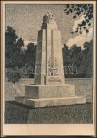1928 Dunabogdányi I. világháborús hősi emlékmű ceruzával rajzolt terve. Hátoldalon az hadi emlékmű bíráló bizottság jóváhagyása, valamint a dunabogdányi képviselőtestület szentesítő záradéka, kartonon szakadással, 23x31 cm