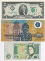 Vegyes: Amerikai Egyesült Államok 1976-1977. (1976) 2$ "Federal Reserve Note", zöld pecsét, "Francine Irving Neff - William E. Simon" + Ausztrália 1988. 10$ "Ausztrália bicentenáriuma" emlékbankjegy + Nagy-Britannia 1978-1984. 1Ł (5x) 2klf aláírás T:II-III- tűly. Mixed: USA 1976-1977. (1976) 2 Dollars "Federal Reserve Note", green seal, "Francine Irving Neff - William E. Simon" + Ausralia 1988. 10 Dollars "Bicentenary of Australia" commemorative note + Great Britain 1978-1984. 1 Pound (5x) 2diff signatures C:XF-VG needle hole