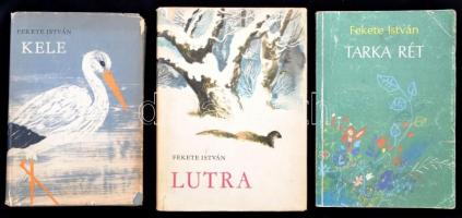 Fekete István könyvei, 3 db:  Kele. Bp.,1964, Magvető. Negyedik kiadás. Kiadói félvászon-kötés, kiadói kissé szakadozott szélű papír védőborítóban. Lutra. Egy vidra regénye. Bp.,1965, Móra. Kiadói félvászon-kötés, kiadói kissé szakadt szélű papír védőborítóban. Tarka rét. Bp., 1986, Móra. Kiadói kissé kopottas papírkötésben.